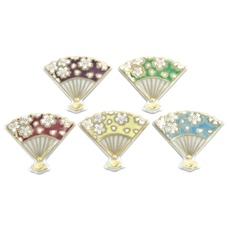 Fan-Shaped Cherry Blossom Design Chopstick Rest in Spring Colors - 5-Piece Set