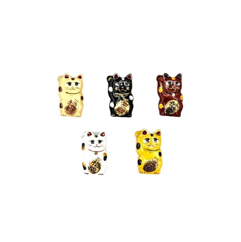 Waving Lucky Cat Chopstick Rest Set Representing Fortune, Health, and Happiness - 5-Piece Set
