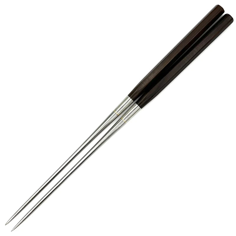 Hexagonal Ebony Handle Serving Chopsticks with Stainless Steel Tips