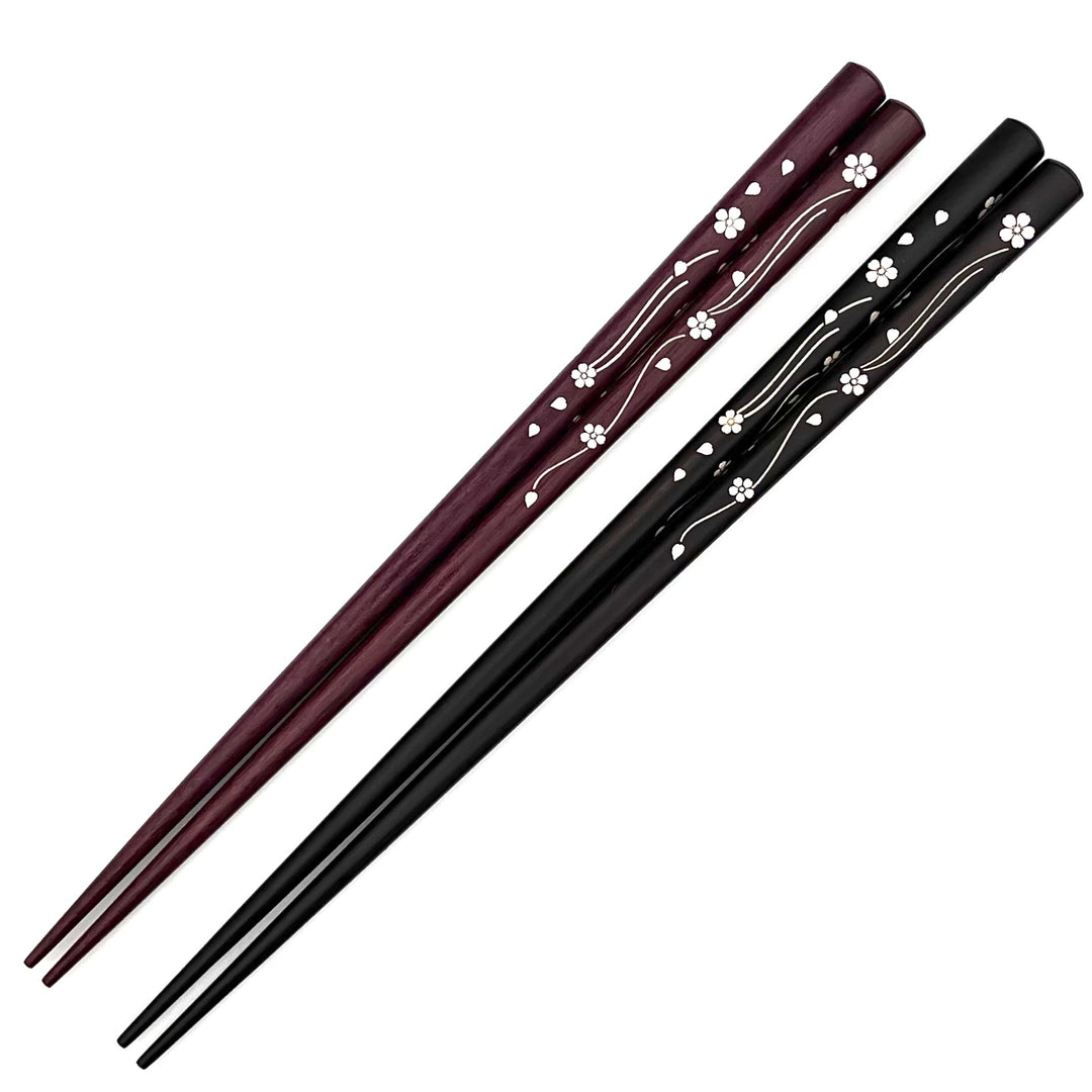 Durable and Elegant Ebony and Purpleheart Chopsticks Set with Dancing Sakura Shell Inlay