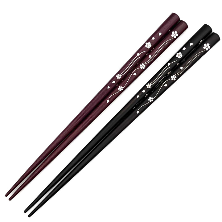 Durable and Elegant Ebony and Purpleheart Chopsticks Set with Dancing Sakura Shell Inlay