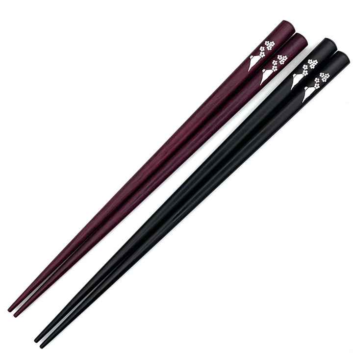 Shell Inlay Pair Chopsticks –Mt.Fuji Sakura Motif on Ebony & Purpleheart (Engravable)
