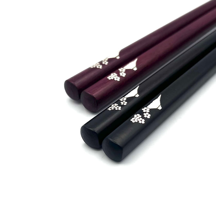 Shell Inlay Pair Chopsticks –Mt.Fuji Sakura Motif on Ebony & Purpleheart (Engravable)