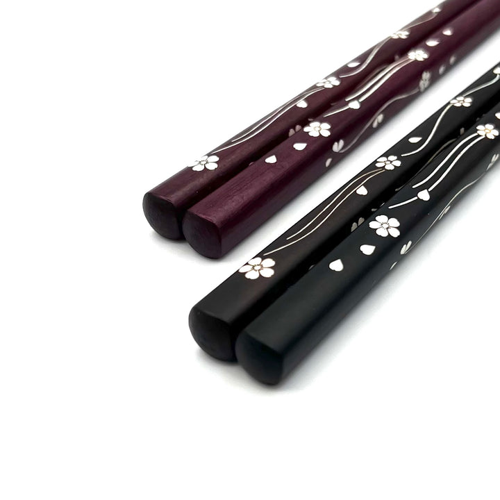 Durable and Elegant Ebony and Purpleheart Chopsticks Set with Dancing Sakura Shell Inlay