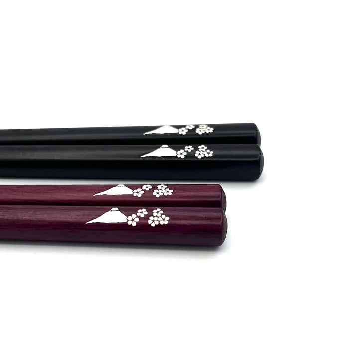 Shell Inlay Pair Chopsticks –Mt.Fuji Sakura Motif on Ebony & Purpleheart (Engravable)