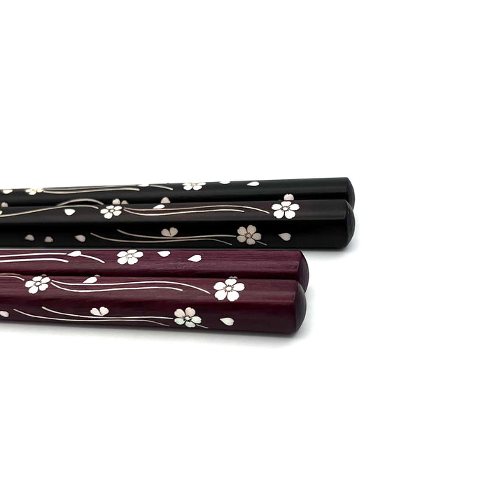 Durable and Elegant Ebony and Purpleheart Chopsticks Set with Dancing Sakura Shell Inlay
