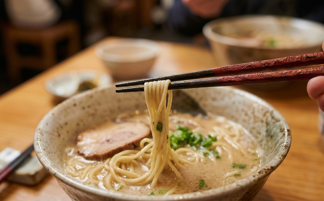 Close-up of hands lifting ramen noodles from a ceramic bowl using high-quality wooden chopsticks at a rustic ramen counter in Japan.
