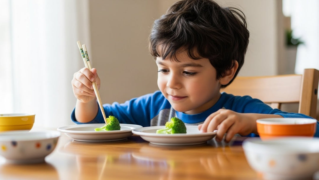 Photo of a boy learning how to use kids chopsticks by practicing transferring food from one plate to another.