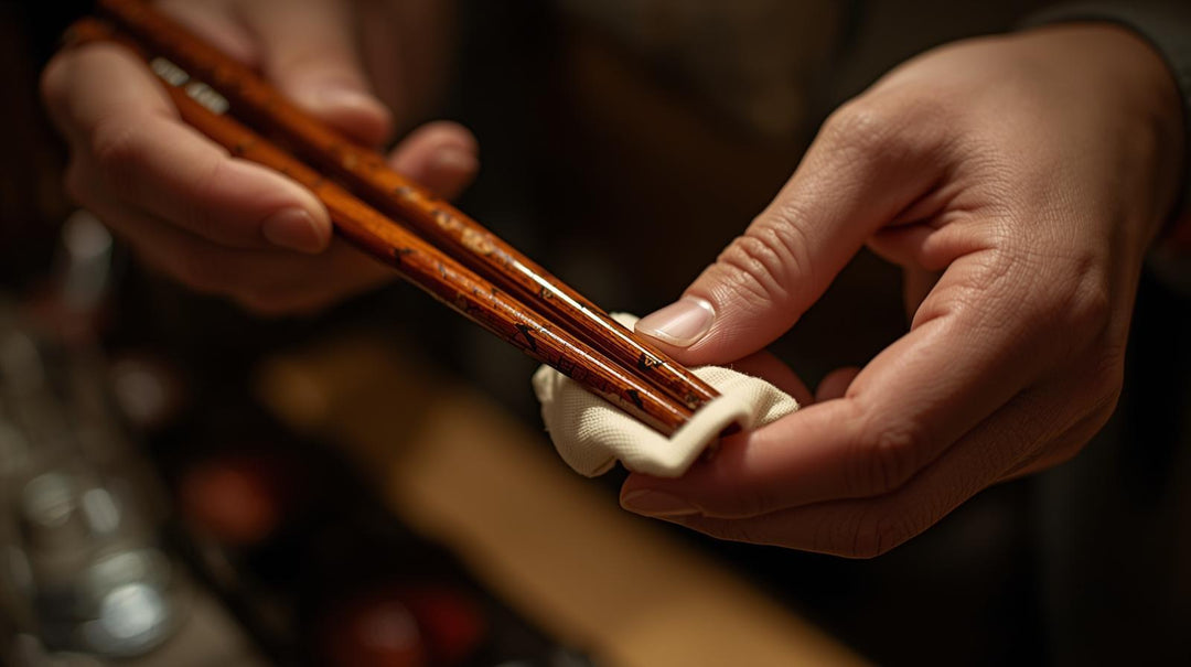 Wiping a pair of wooden chopsticks with a cloth after washing.