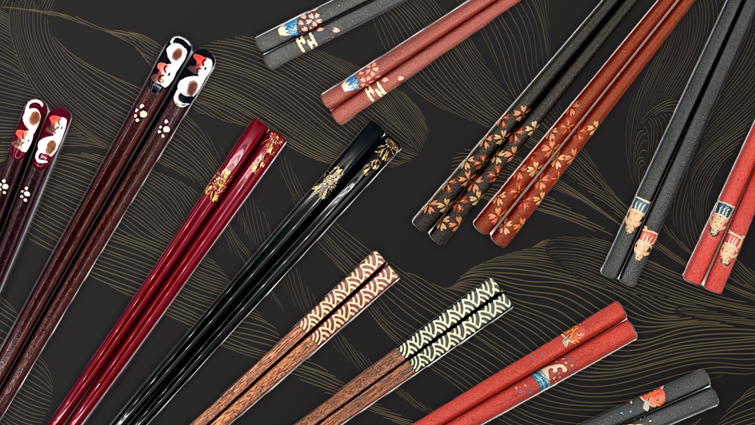 A variety of colorful Japanese chopsticks from Ginzanatsuno, featuring unique designs and intricate patterns.