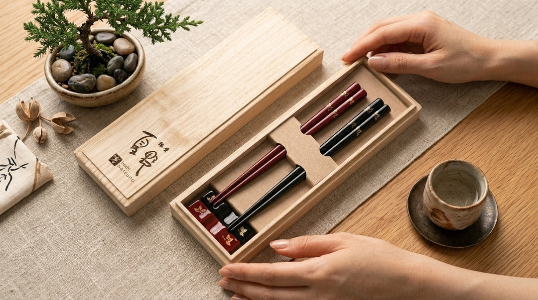 Hands opening a wooden Ginza Natsuno gift box with paired red and black Japanese chopsticks.
