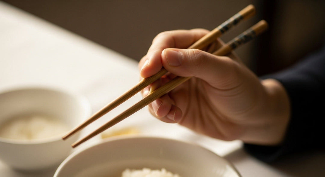 Close-up of a hand demostrating the correct way to hold chopsticks, with a relaxed grip and properly aligned.