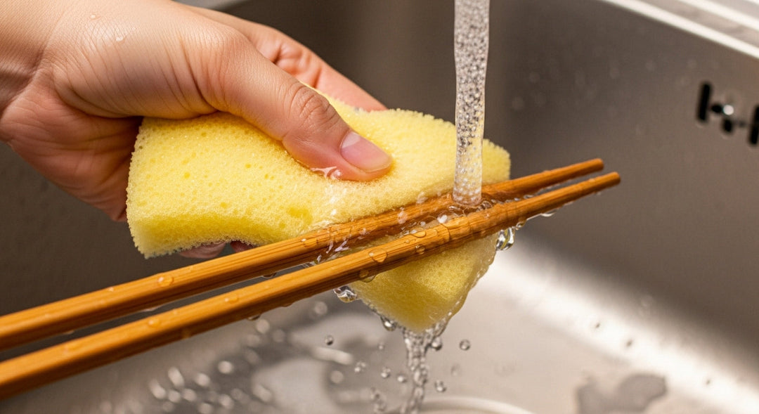 Hand washing wooden chopsticks under running water.