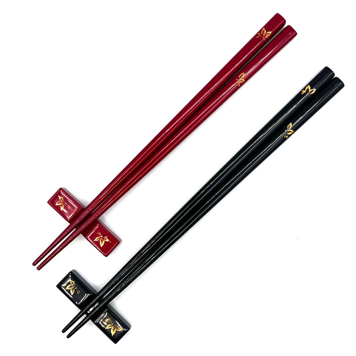 Kawatsura Lacquerware Butterfly Design Pair Chopsticks with Textured Tips and Matching Chopstick Rests (Engravable)
