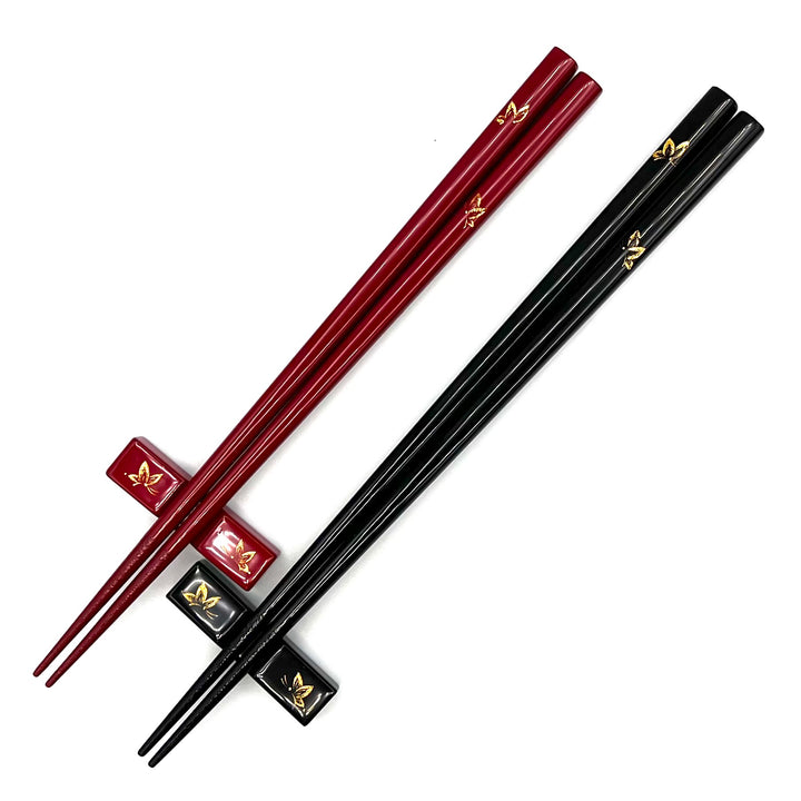 Kawatsura Lacquerware Chopsticks with Textured Dry Lacquer Tips and Butterfly Design, with Matching Chopstick Rest (Engravable, in Paulownia Box)