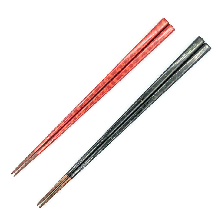 Tsugaru-Nuri Square Tapered Pair Chopsticks Green＆ Red-Orange(Engravable)