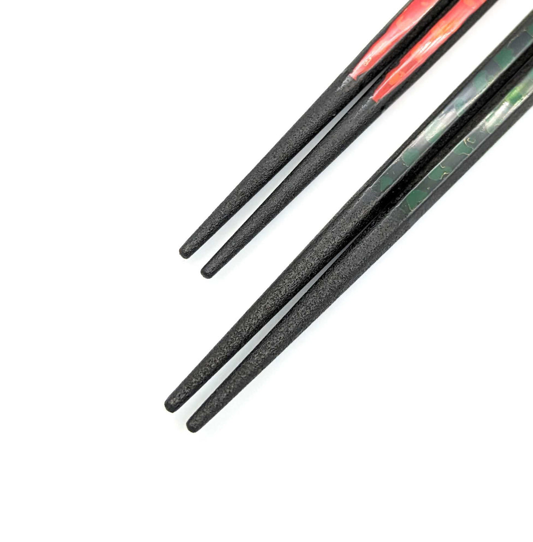 Tsugaru-nuri　Hexagonal Pair Chopsticks Green&OrangeRed – Karanuri & Monsha Split Design
