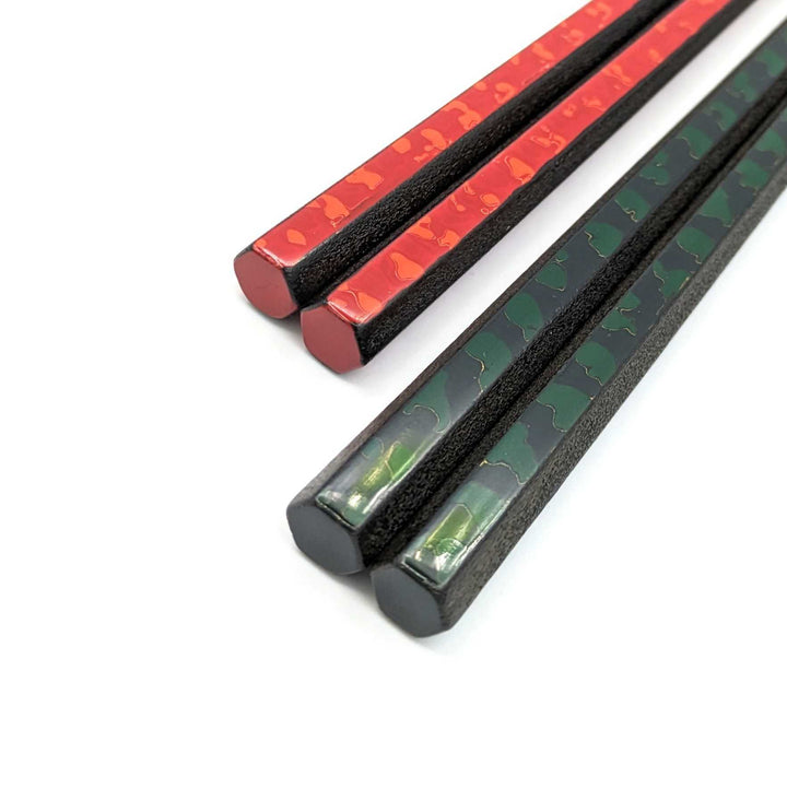 Tsugaru-nuri　Hexagonal Pair Chopsticks Green&OrangeRed – Karanuri & Monsha Split Design