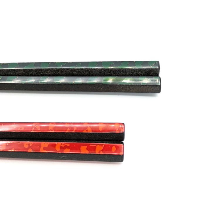 Tsugaru-nuri　Hexagonal Pair Chopsticks Green&OrangeRed – Karanuri & Monsha Split Design