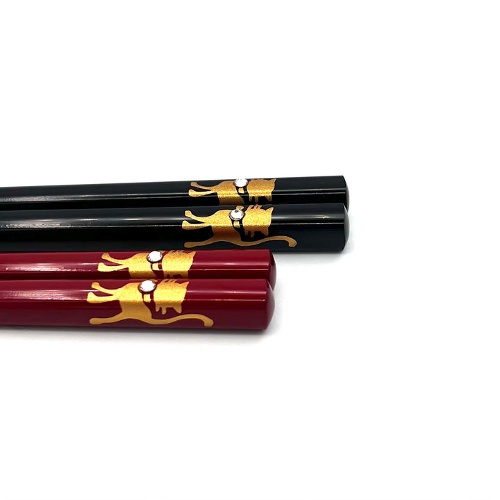 Echizen Lacquerware Round Cat Chopsticks with Swarovski Crystal (Engravable)