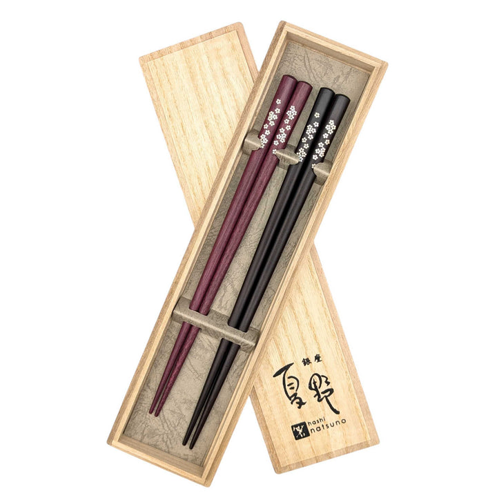 Shell Inlay Couples chopstick set in a wooden box – Sakura Motif(Engravable)