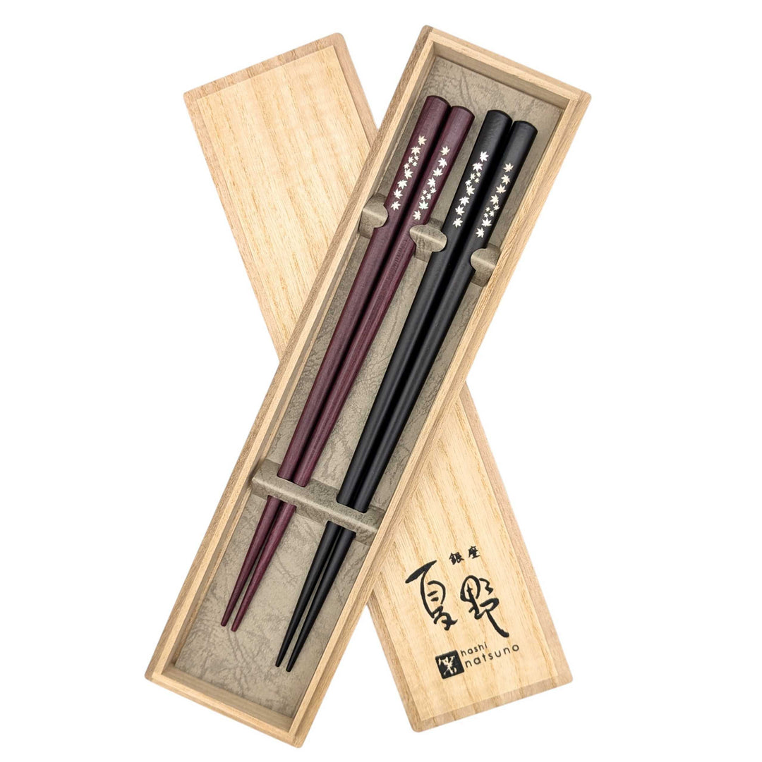 Shell Inlay Couples chopstick set in a wooden box – Maple Motif (Engravable)