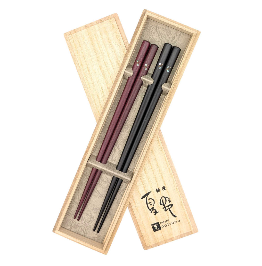 Shell Inlay Couples chopstick set in a wooden box – Dragonfly Motif (Engravable)
