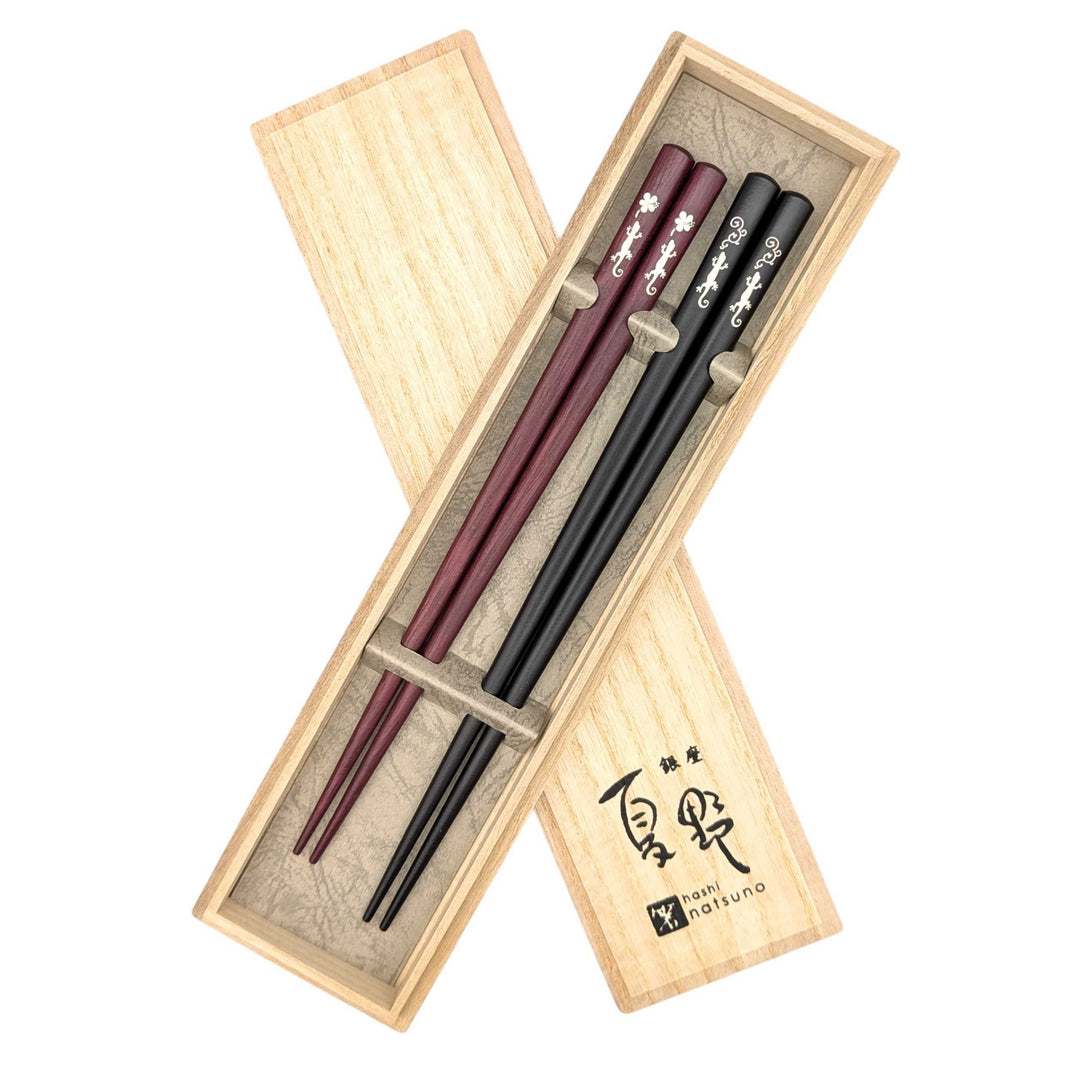 Shell Inlay Couples chopstick set in a wooden box – Gecko Motif (Engravable)