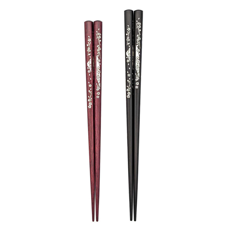 Shell Inlay Chopsticks – "Sakura Sakura" Cherry Blossom Motif on Ebony & Purpleheart