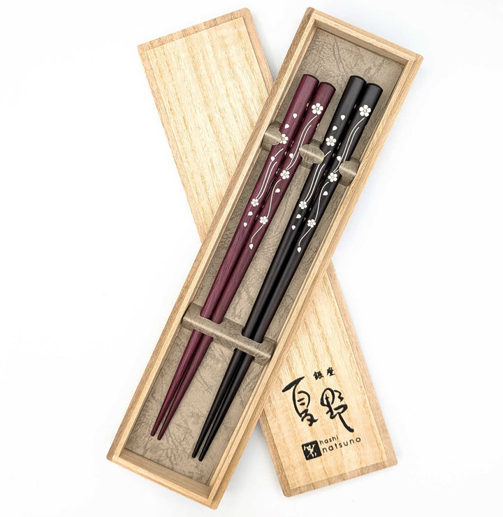 Shell Inlay Couples chopstick set in a wooden box – Mai-Sakura (Dancing Cherry Blossoms)