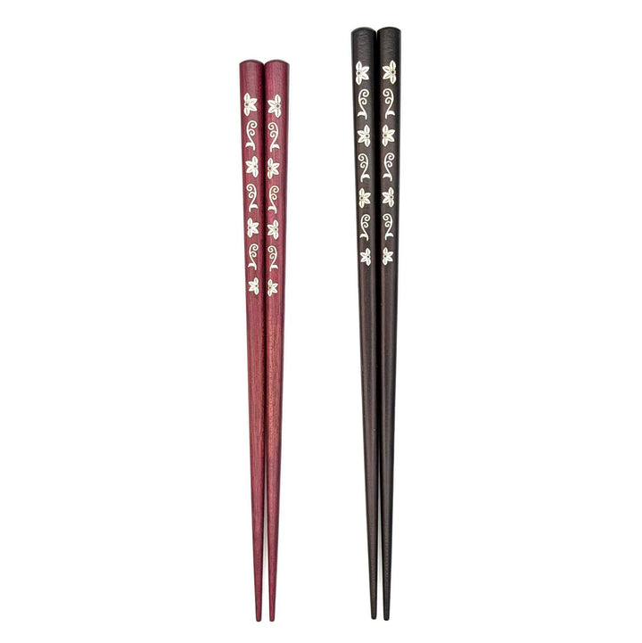 Shell Inlay Couples chopstick set in a wooden box – Tessen Komachi (Clematis) (Engravable)