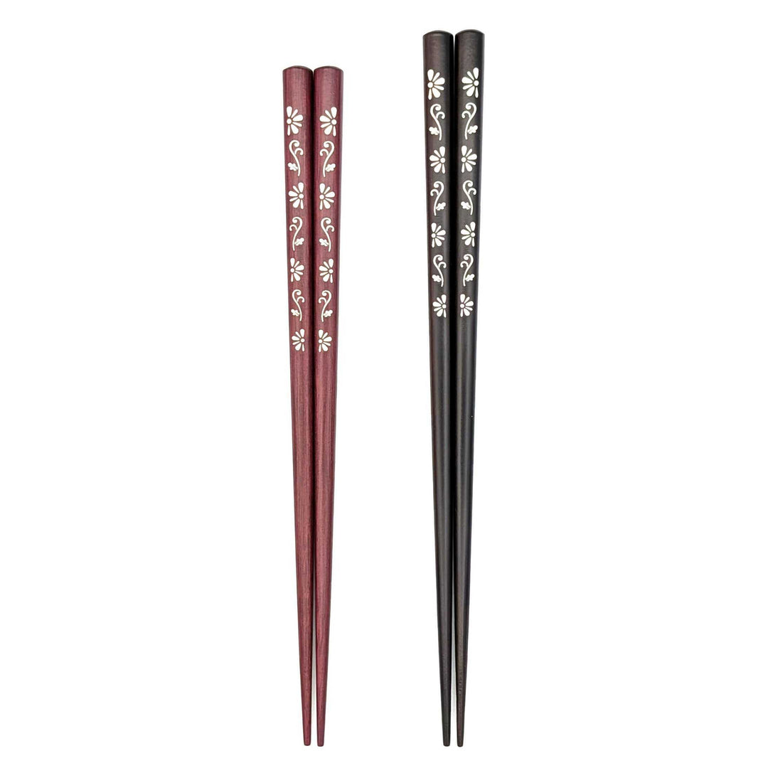 Shell Inlay Couples chopstick set in a wooden box – Kiku Komachi (Chrysanthemum) (Engravable)