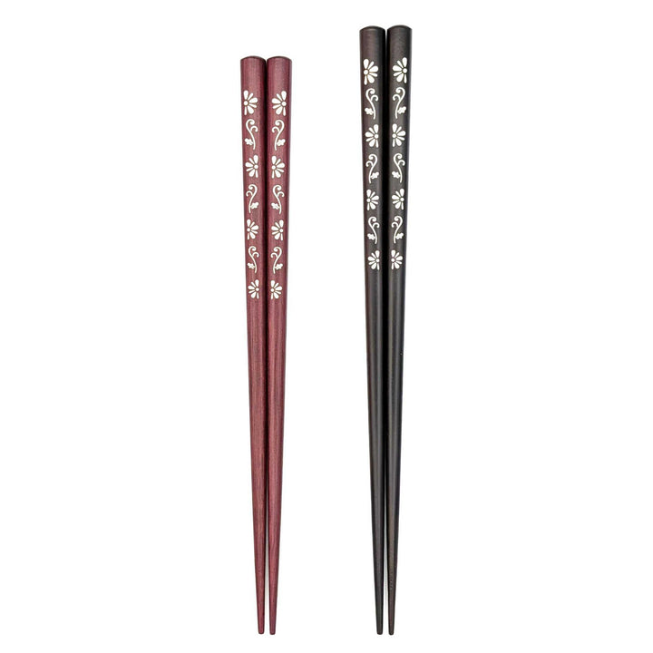 Shell Inlay Couples chopstick set in a wooden box – Kiku Komachi (Chrysanthemum) (Engravable)