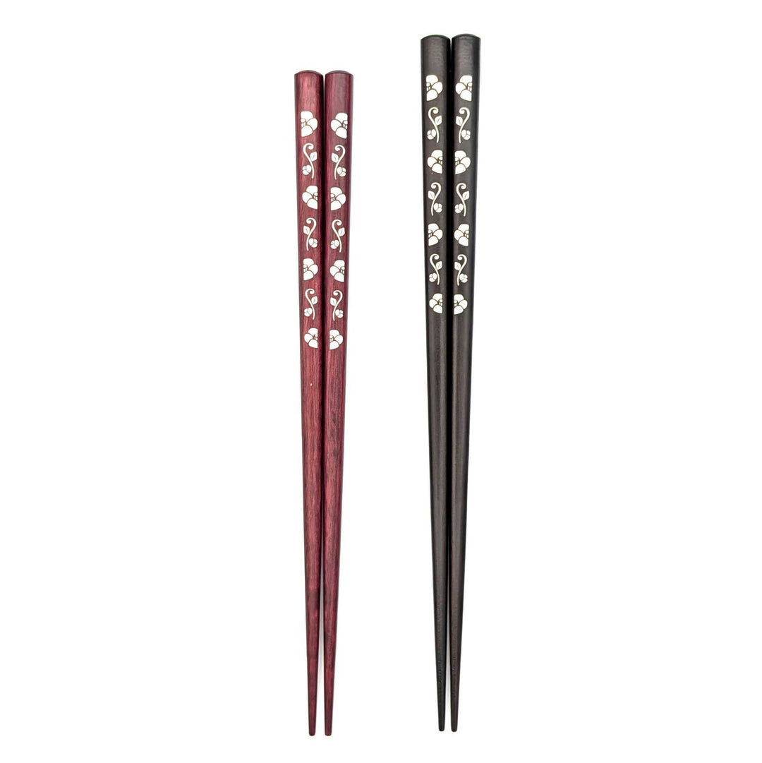 Shell Inlay Couples chopstick set in a wooden box – Tsubaki Komachi (Camellia) (Engravable)