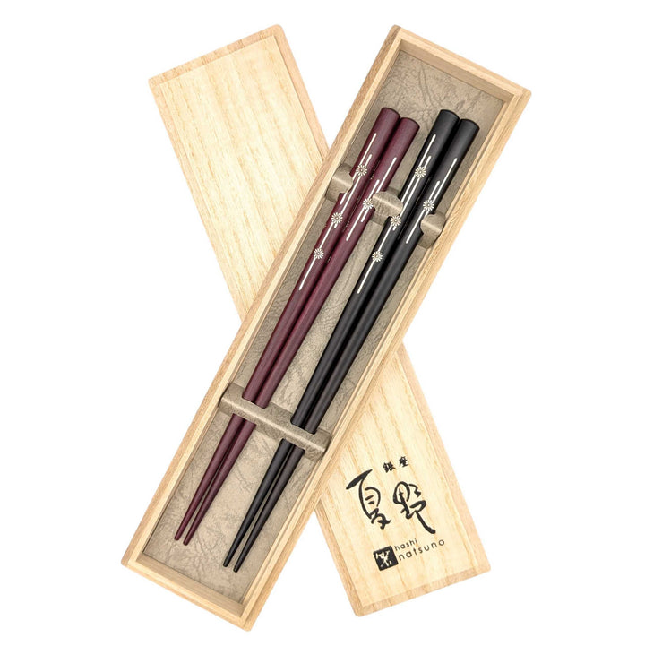 Shell Inlay Couples chopstick set in a wooden box – Kiku-Komon (Chrysanthemum Pattern)