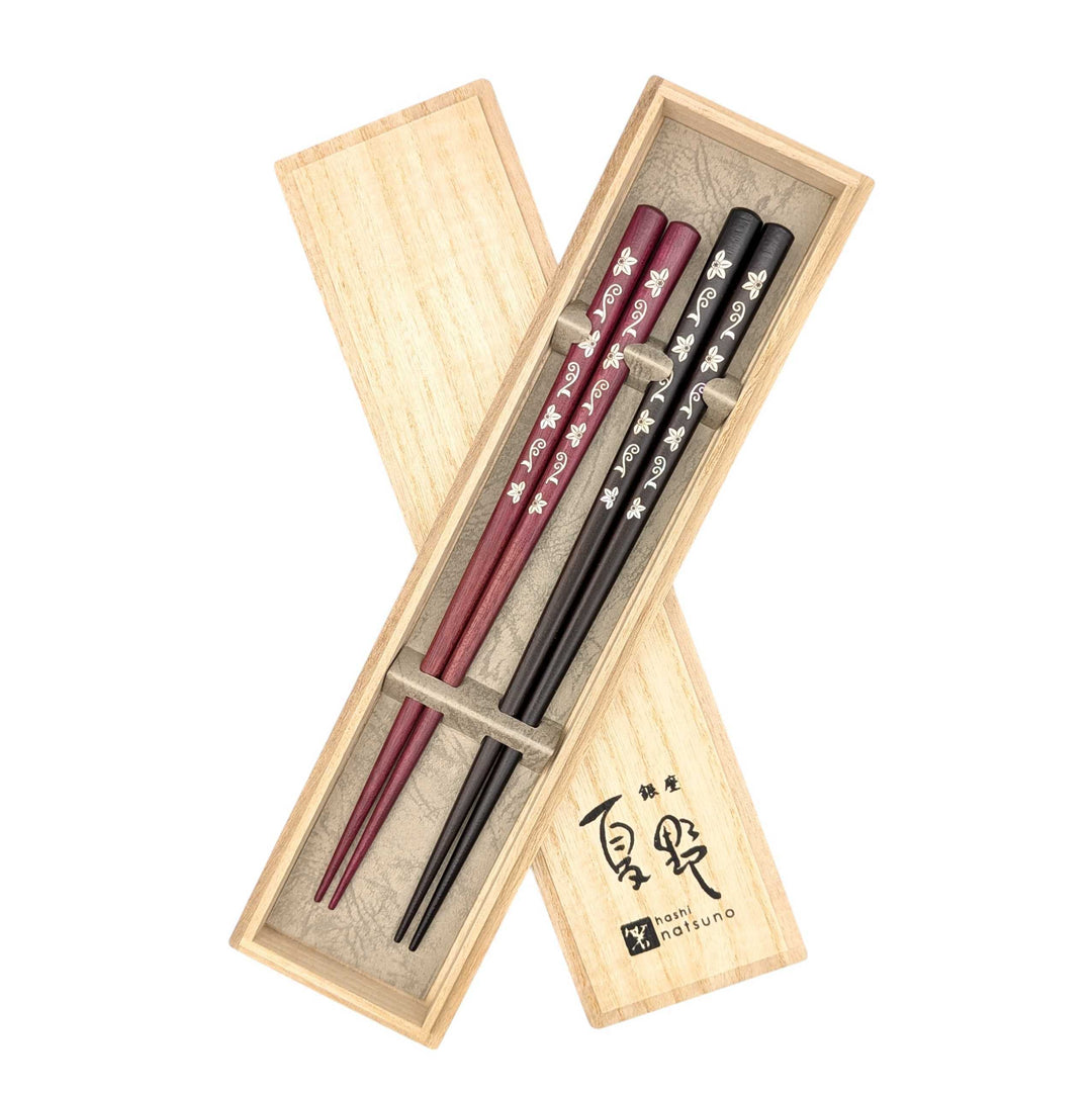 Shell Inlay Couples chopstick set in a wooden box – Tessen Komachi (Clematis) (Engravable)
