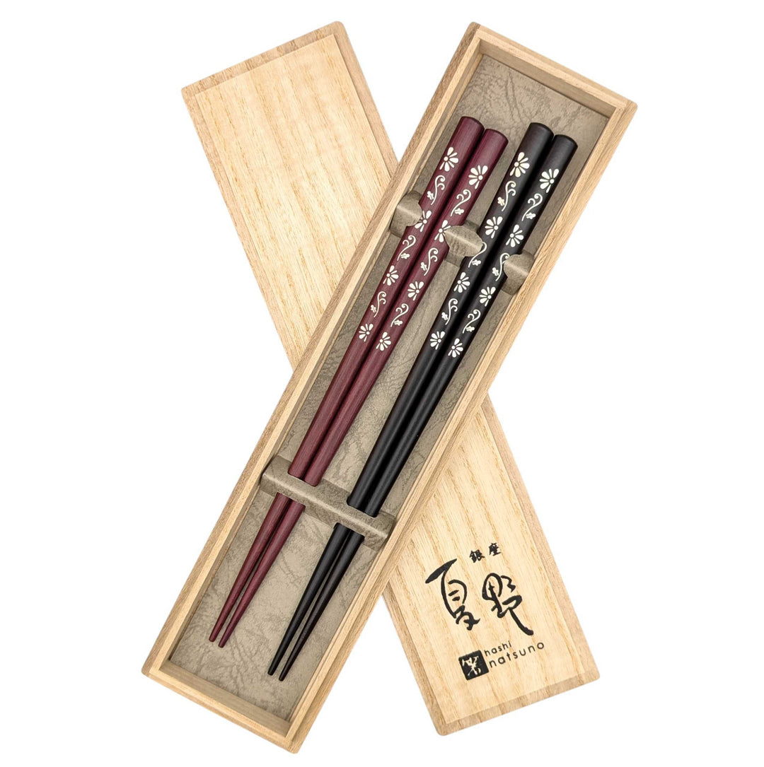 Shell Inlay Couples chopstick set in a wooden box – Kiku Komachi (Chrysanthemum) (Engravable)
