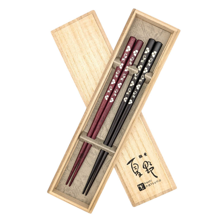 Shell Inlay Couples chopstick set in a wooden box – Tsubaki Komachi (Camellia) (Engravable)