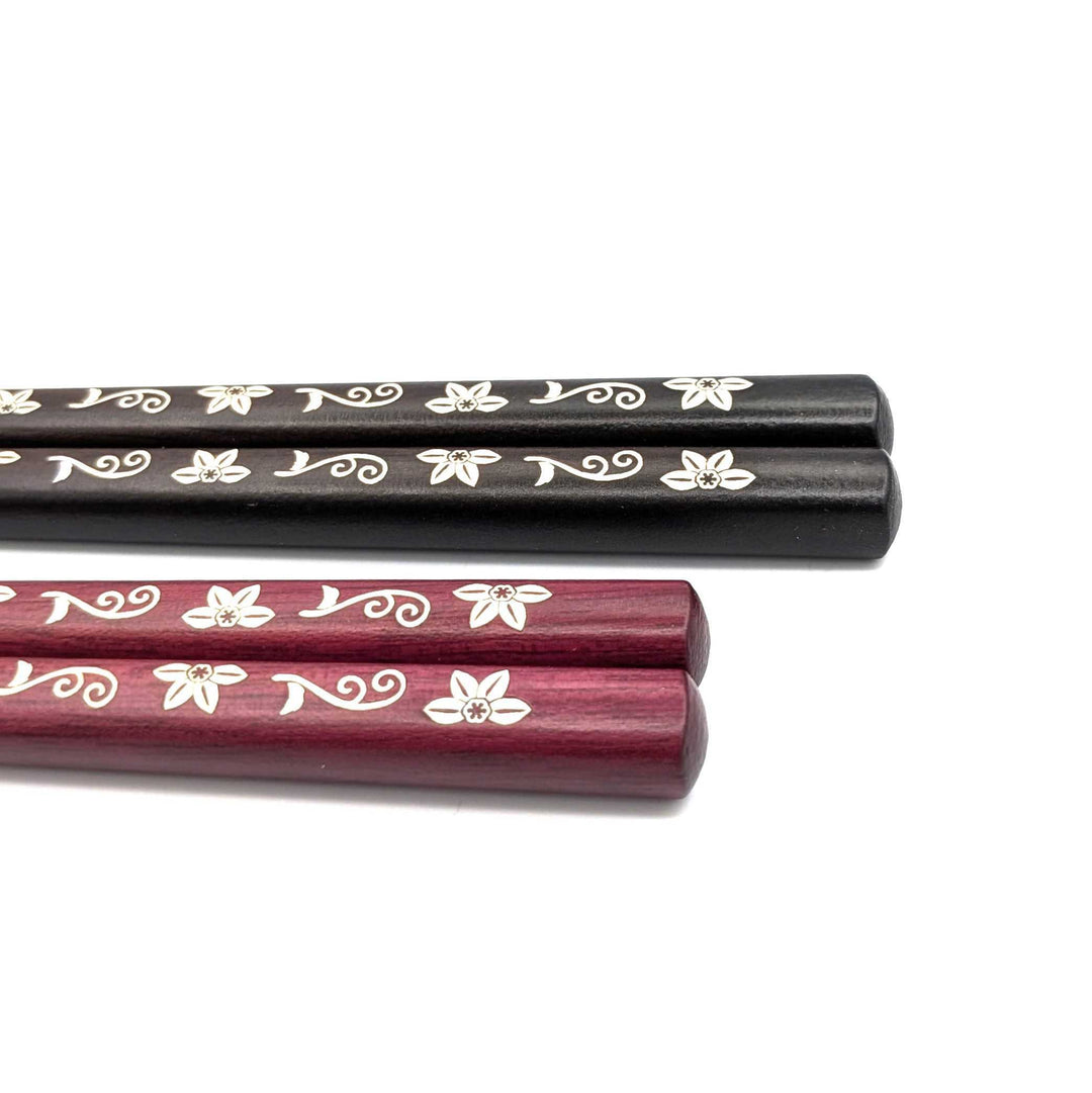Shell Inlay Couples chopstick set in a wooden box – Tessen Komachi (Clematis) (Engravable)
