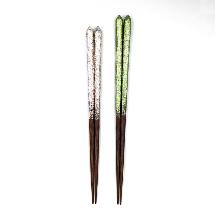 Kyoto Nishijin Foil Carved Ironwood Chopsticks set in a wooden box – Green & Silver