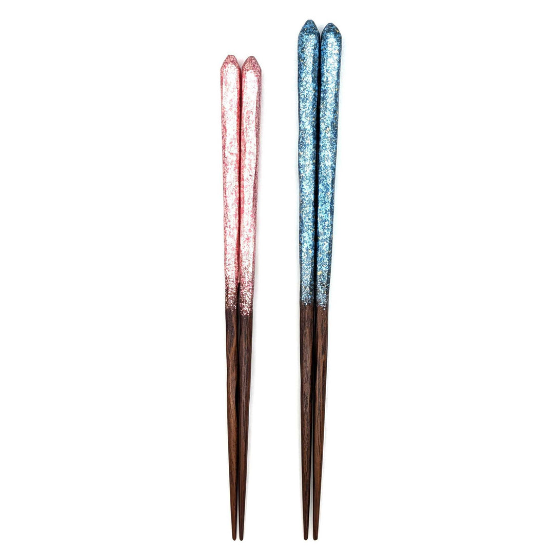 Kyoto Nishijin Foil Carved Ironwood Chopsticks set in a wooden box – Blue & Pink