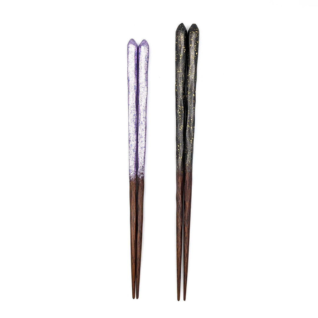 Kyoto Nishijin Foil Carved Ironwood Chopsticks set in a wooden box – Black & Purple