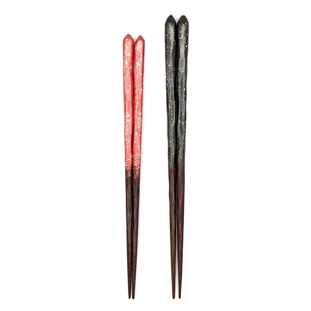 Kyoto Nishijin Foil Carved Ironwood Chopsticks set in a wooden box – Black & Red