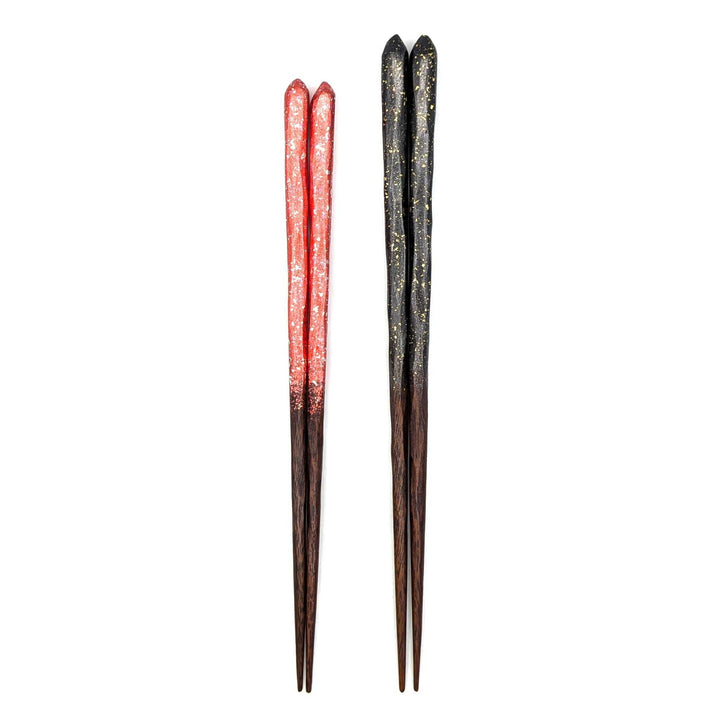 Kyoto Nishijin Foil Carved Ironwood Chopsticks set in a wooden box – Black & Red