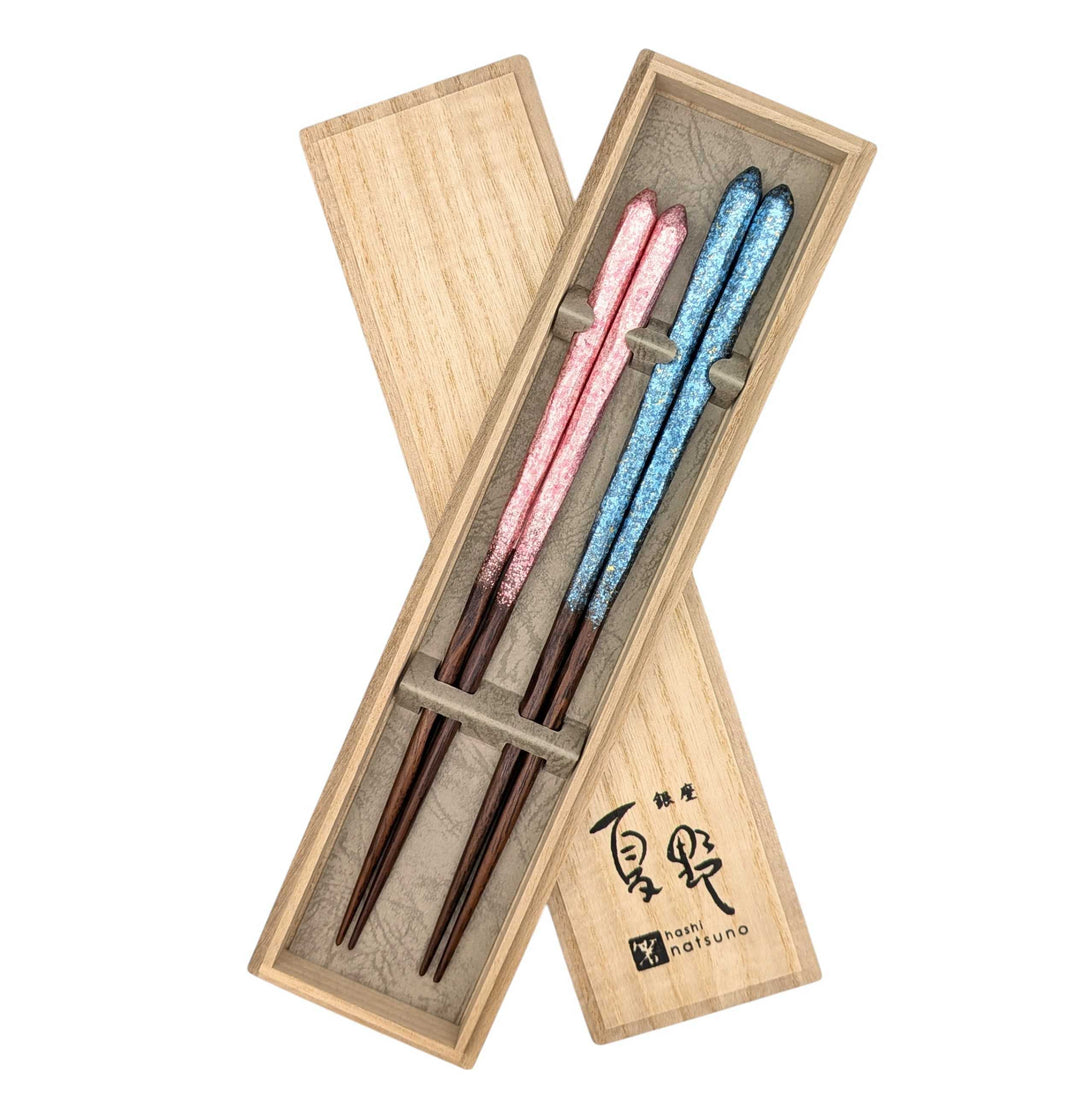 Kyoto Nishijin Foil Carved Ironwood Chopsticks set in a wooden box – Blue & Pink