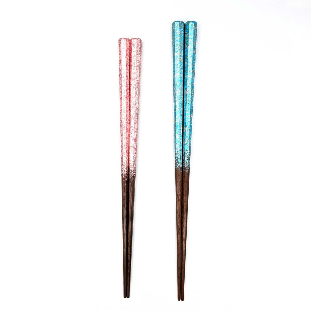 Kyoto Nishijin Foil Octagonal Ironwood Chopsticks set in a wooden box – Light Blue & Pink