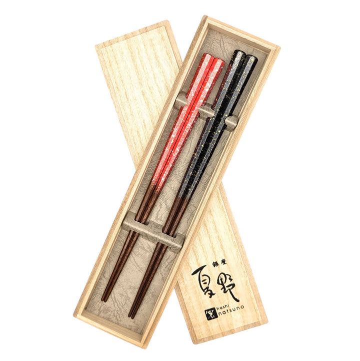 Kyoto Nishijin Foil Octagonal Ironwood Chopsticks set in a wooden box – Black & Red