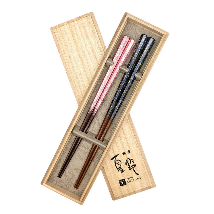 Kyoto Nishijin Foil Octagonal Ironwood Chopsticks set in a wooden box – Navy & Pink