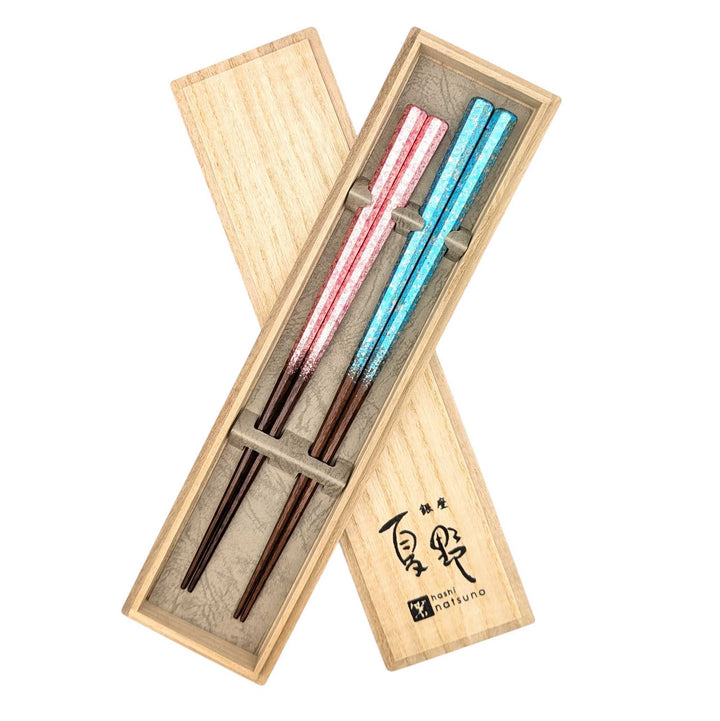 Kyoto Nishijin Foil Octagonal Ironwood Chopsticks set in a wooden box – Light Blue & Pink