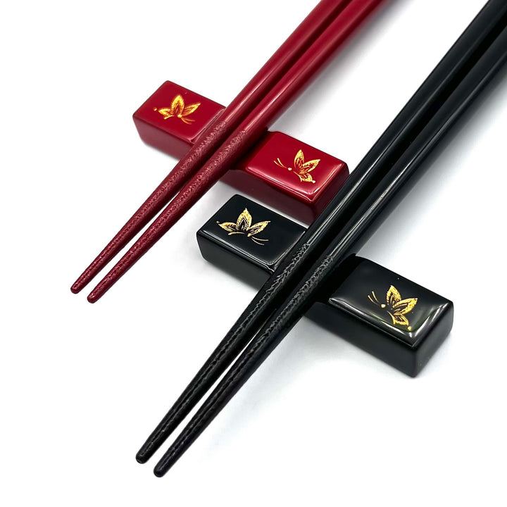 Kawatsura Lacquerware Chopsticks with Textured Dry Lacquer Tips and Butterfly Design, with Matching Chopstick Rest (Engravable, in Paulownia Box)